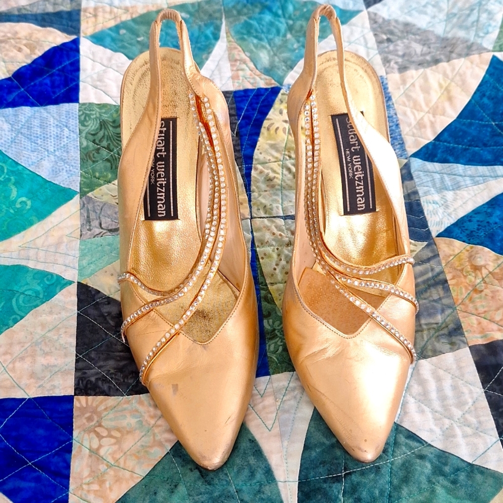 Stuart Weitzman gold and diamonte trim on the heels